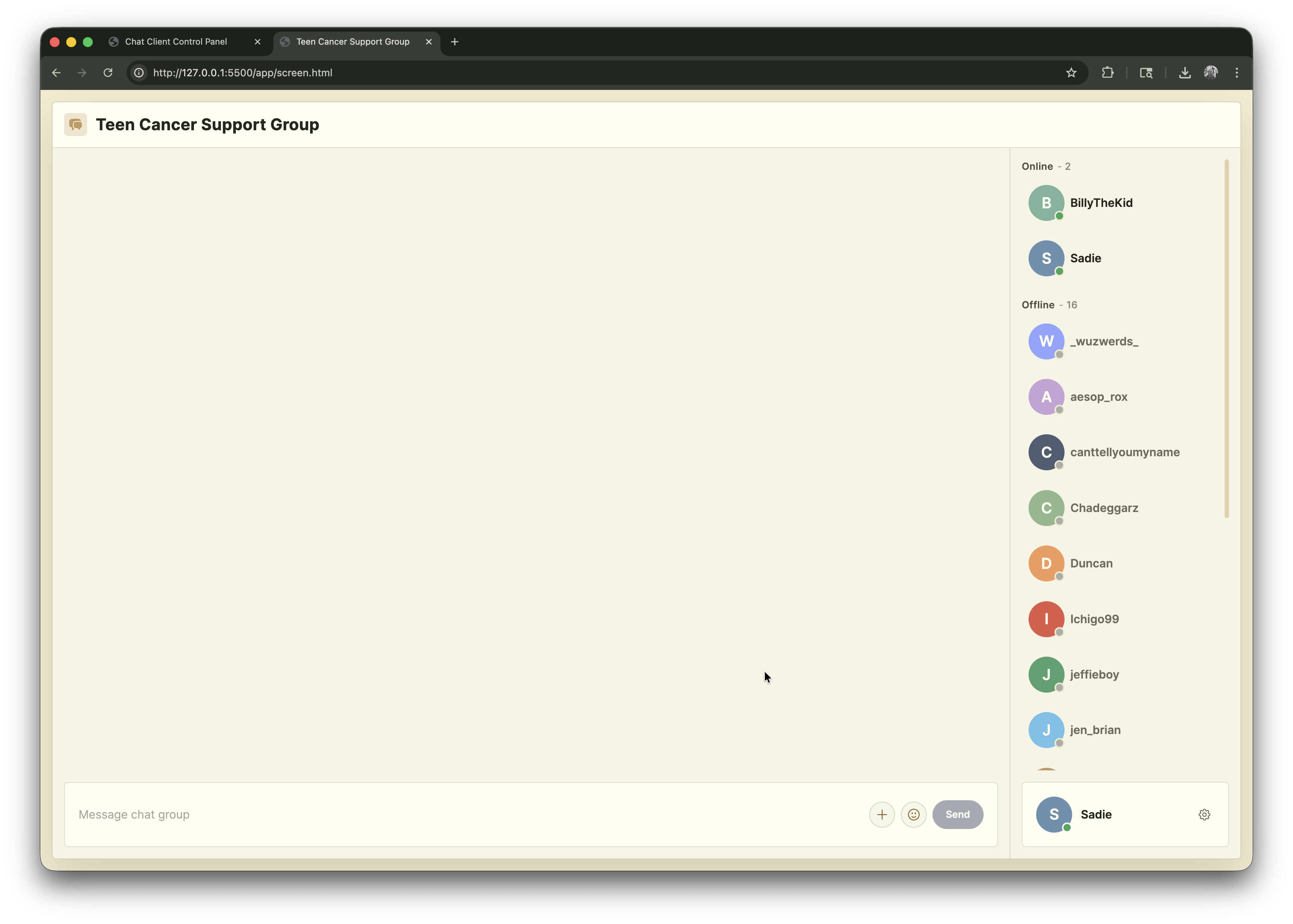 Chat app crew control interface showing user list and message input